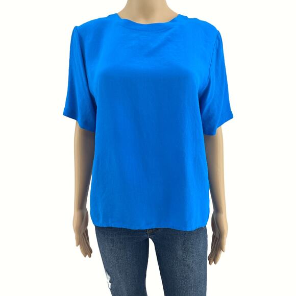 VINTAGE Christie & Jill MEDIUM Blue 100% SILK Short Sleeve Top Shirt Blouse - Picture 1 of 5